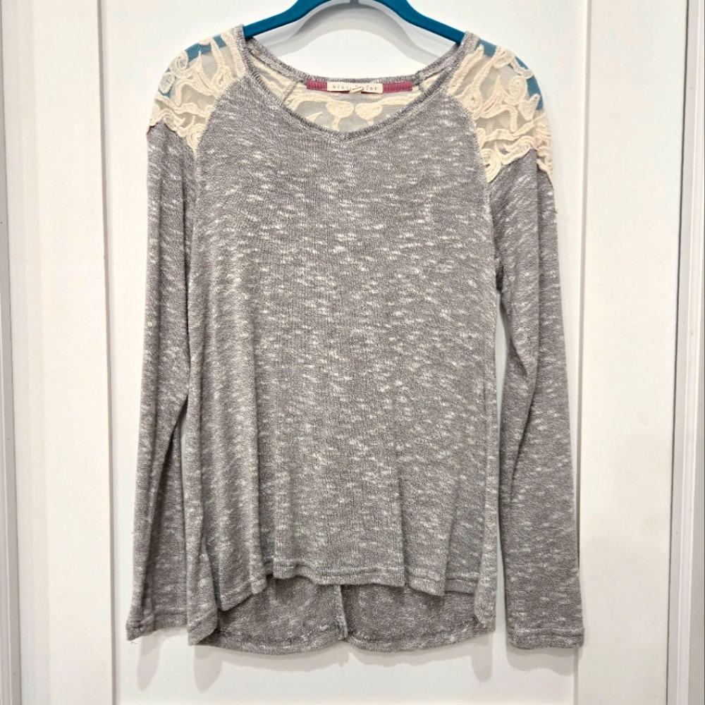 Hint of Mint 🦩 Gray Sweater with Cream Lace Detail